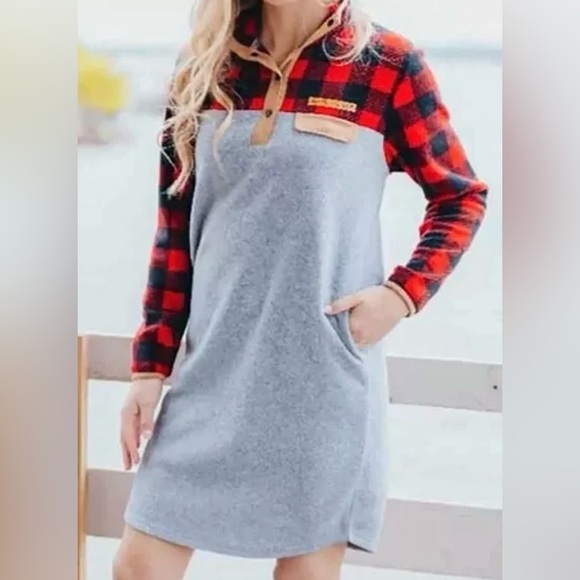 Simply Southern gray buffalo plaid fleece dress size L - Picture 1 of 8